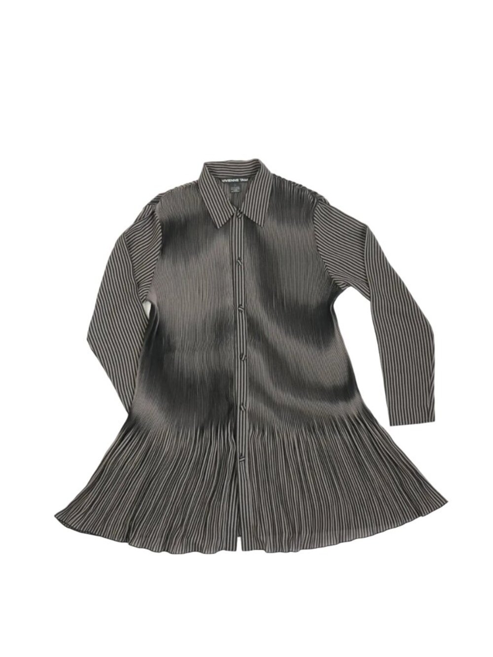 Vivienne Tam Black and White Striped Pleated Button Up Dress Size Extra Small